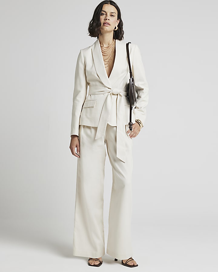 Cream belted linen blend wrap blazer