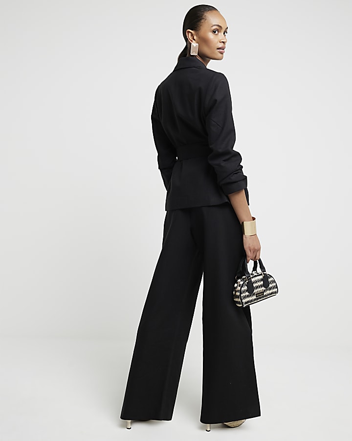 Black belted Linen blend wide leg trousers