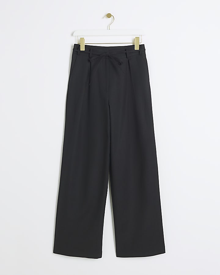 Black belted Linen blend wide leg trousers