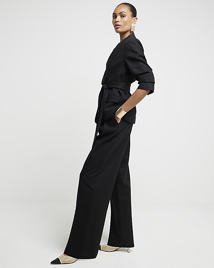 Black belted Linen blend wide leg trousers