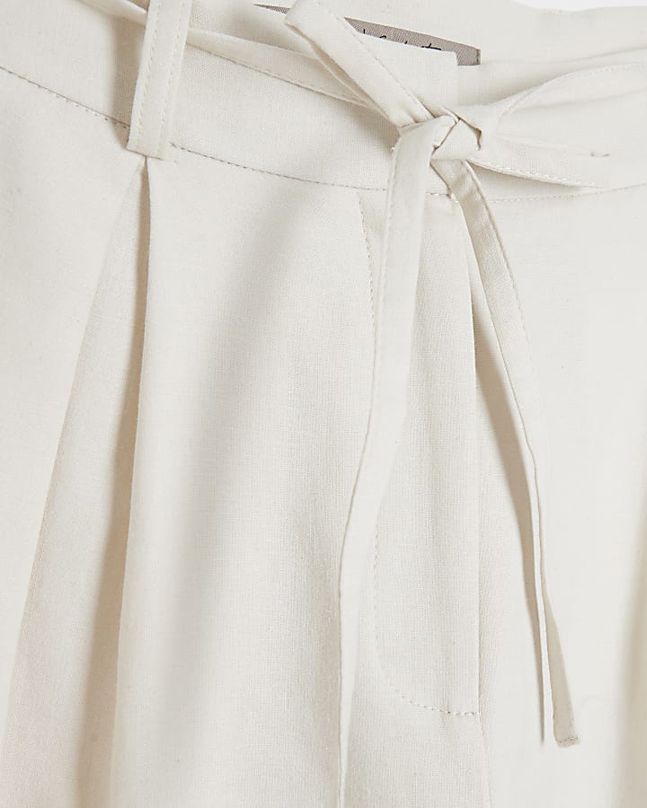 Cream belted linen blend wide leg trousers