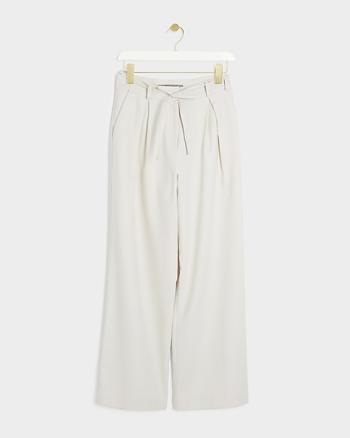 Cream belted linen blend wide leg trousers