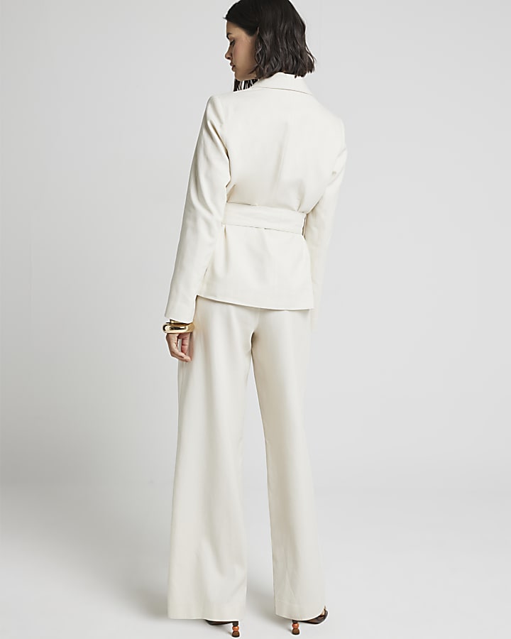 Cream belted linen blend wide leg trousers