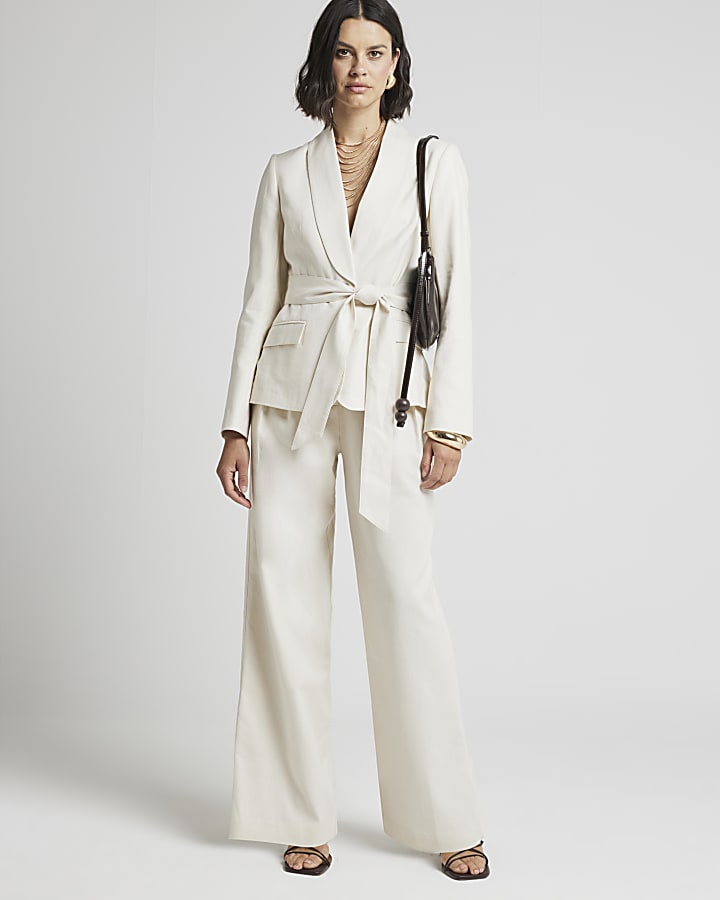 Cream belted linen blend wide leg trousers