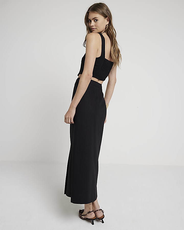 Black linen blend button up maxi skirt