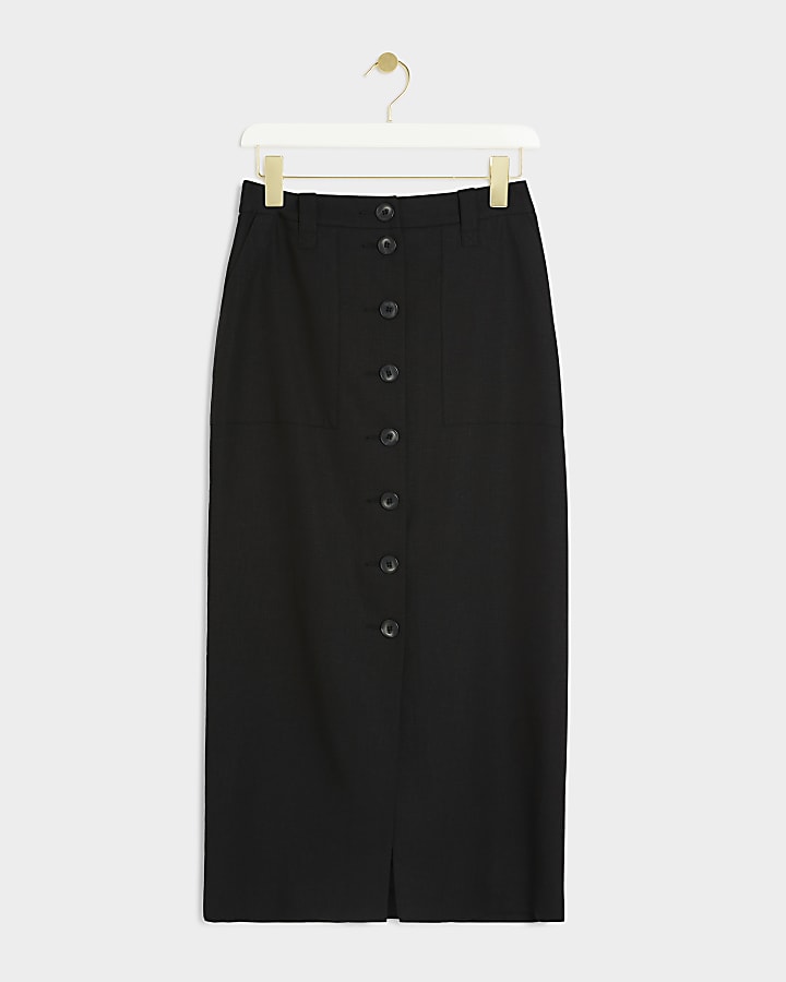 Black linen blend button up maxi skirt