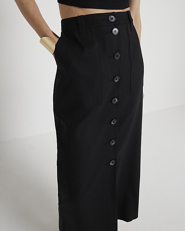 Black linen blend button up maxi skirt