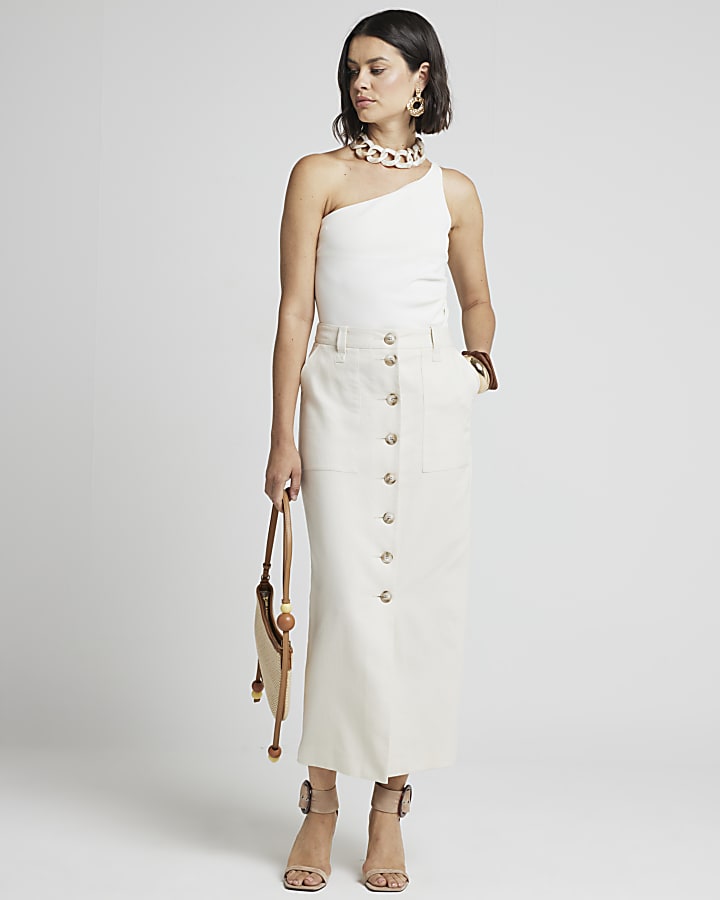 Cream linen blend button up maxi skirt