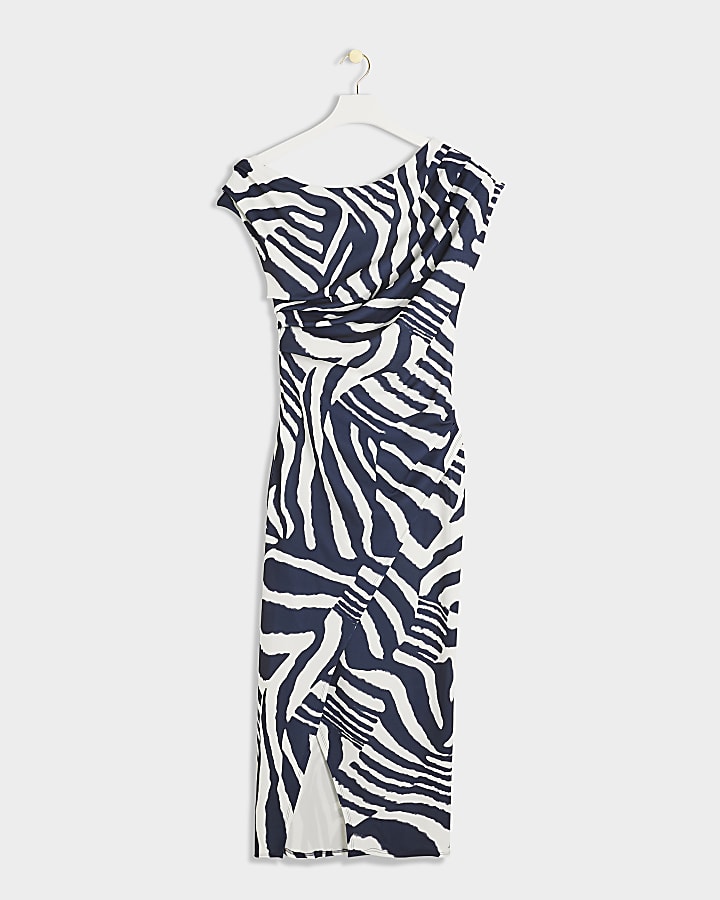 Navy animal print drape bodycon midi dress