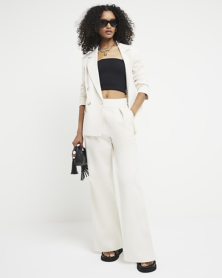 Cream linen blend wide leg trousers