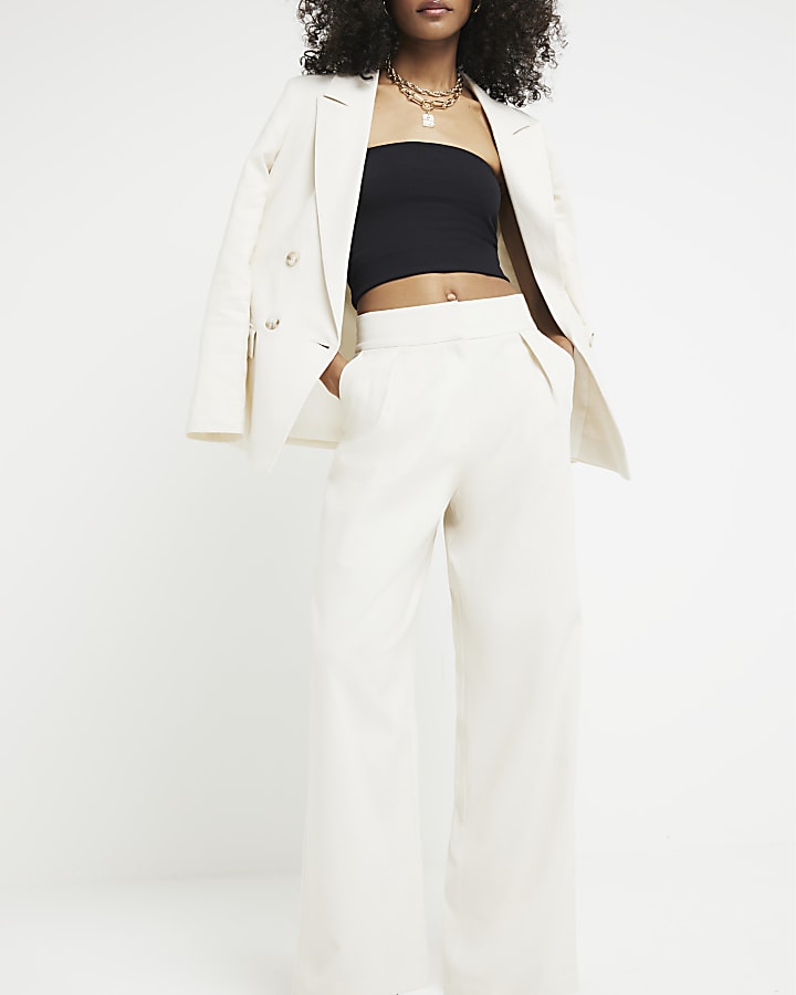 Cream linen blend wide leg trousers