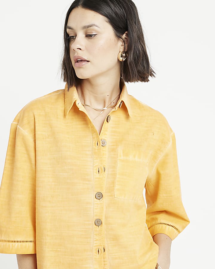 Orange linen blend boxy shirt