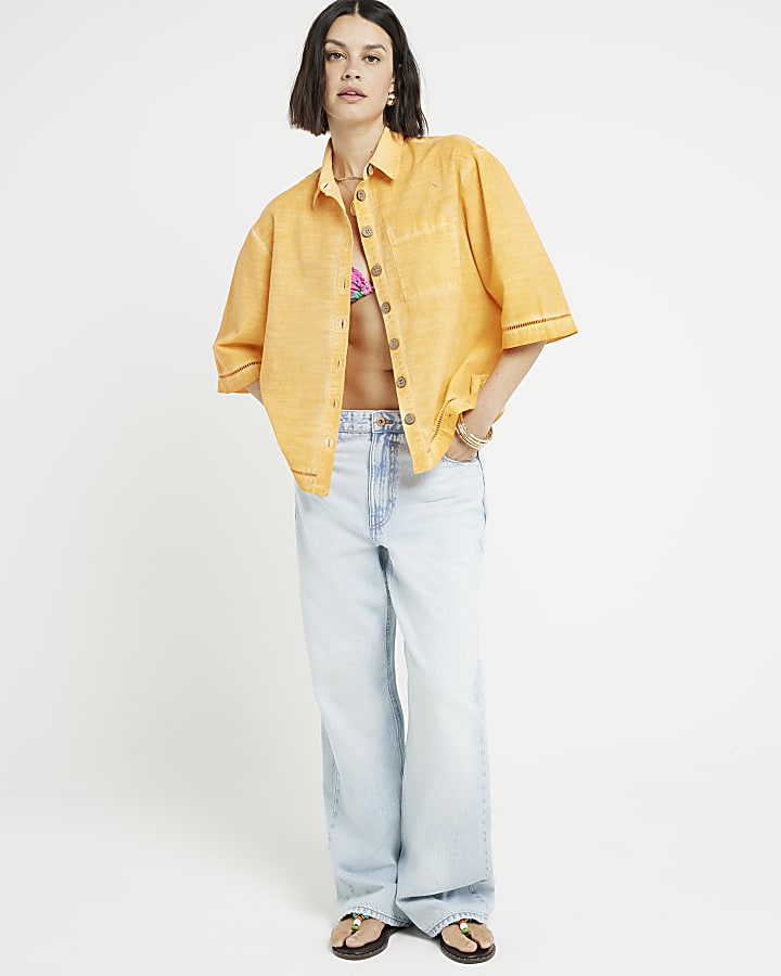 Orange linen blend boxy shirt