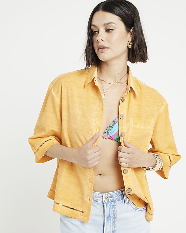Orange linen blend boxy shirt