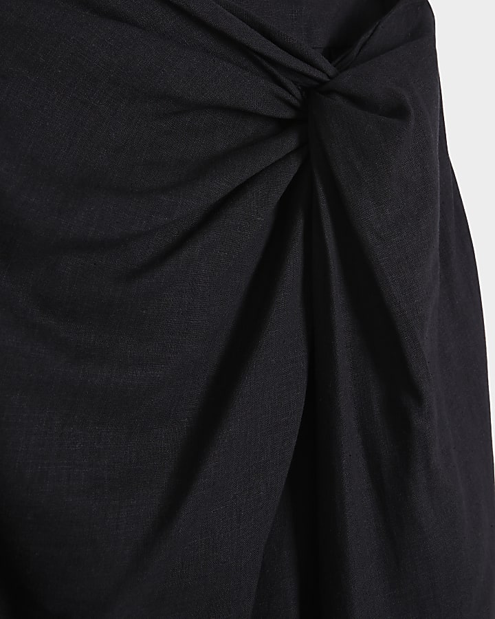 Black linen blend wrap skirt