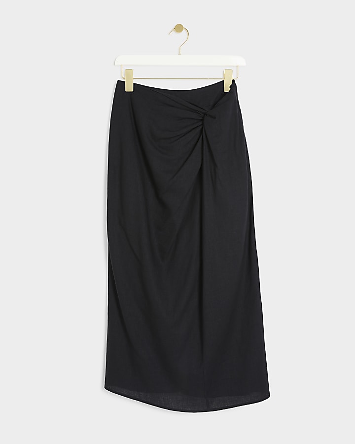 Black linen blend wrap skirt