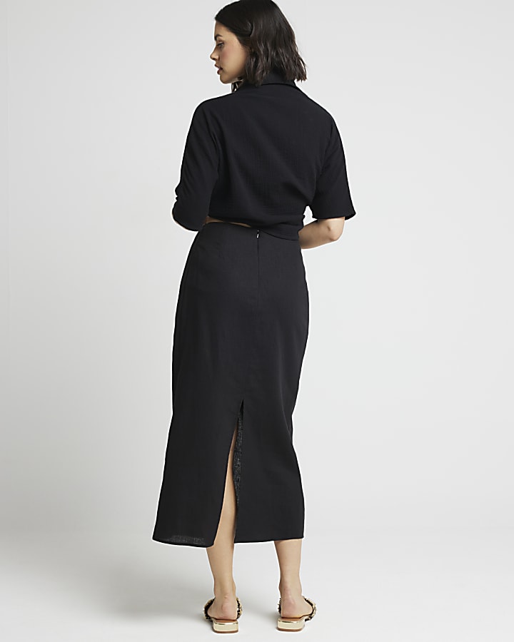 Black linen blend wrap skirt