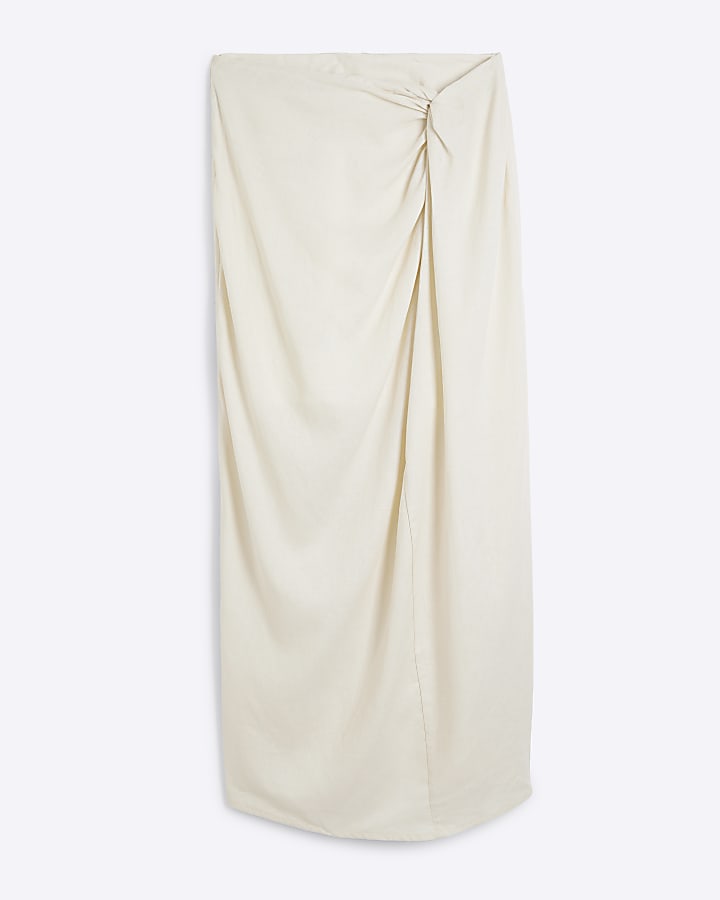 Cream Linen Blend Wrap Midi Skirt