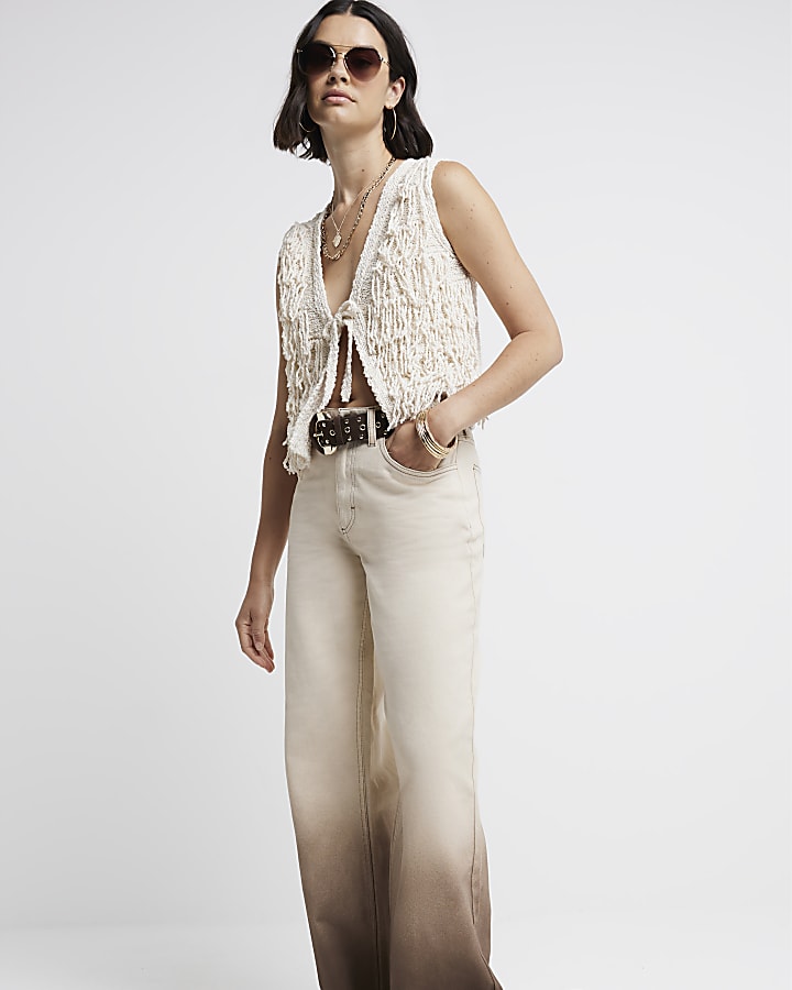 Beige ombre baggy wide leg jeans