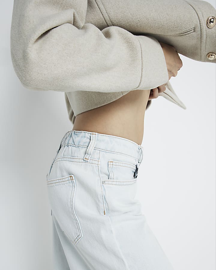 Blue mid rise elastic back wide fit jeans