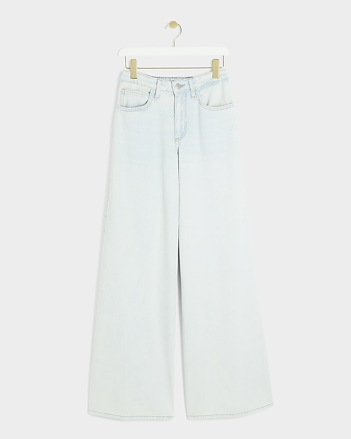 Blue mid rise elastic back wide fit jeans