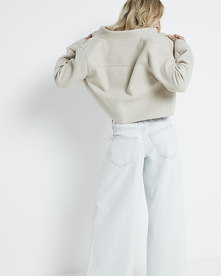 Blue mid rise elastic back wide fit jeans