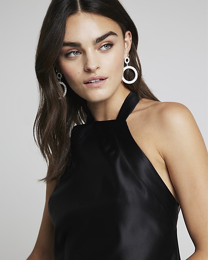 Black satin bow detail slip mini dress