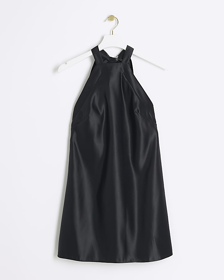 Black satin bow detail slip mini dress