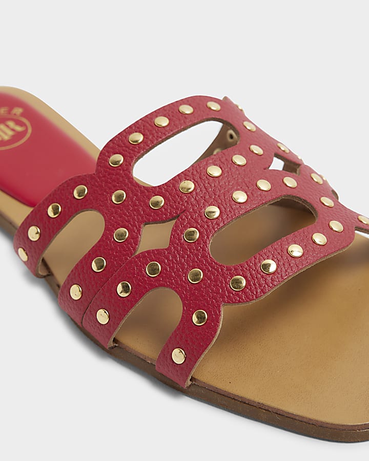 Red leather studded mule flat sandals