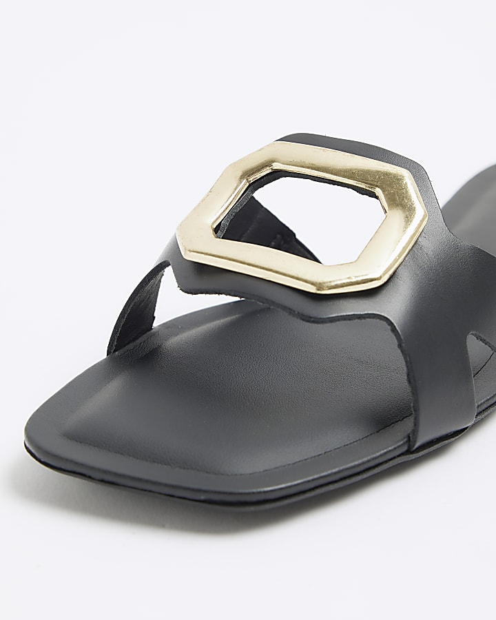 Black leather mule flat sandals