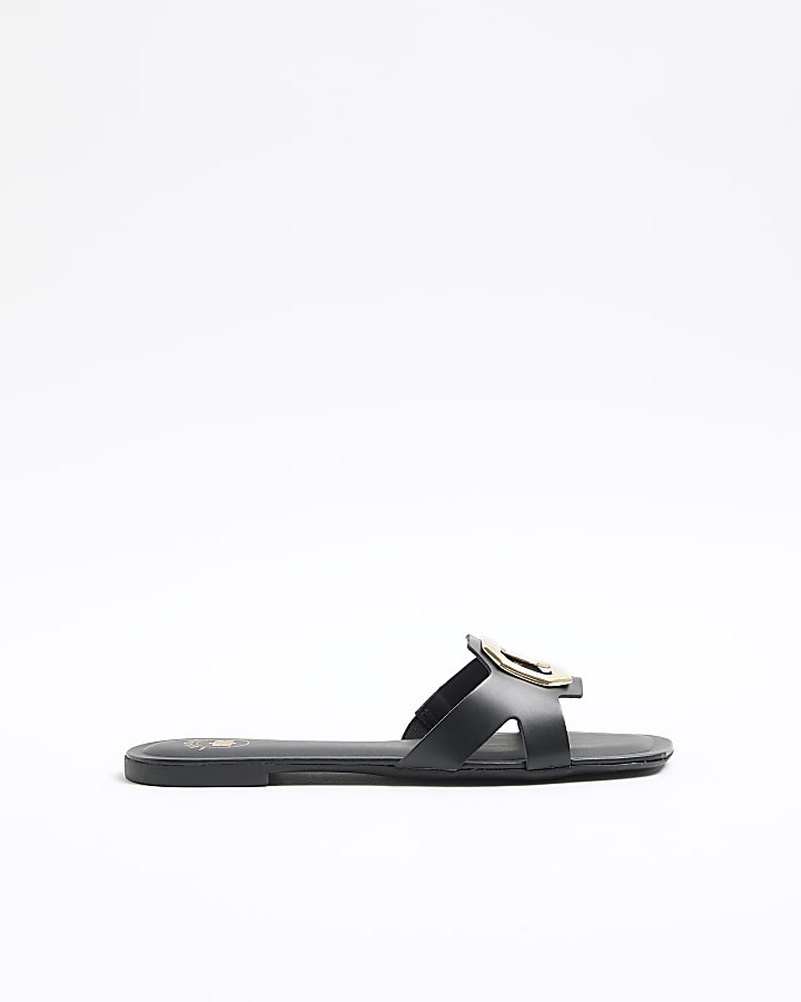 Black leather mule flat sandals