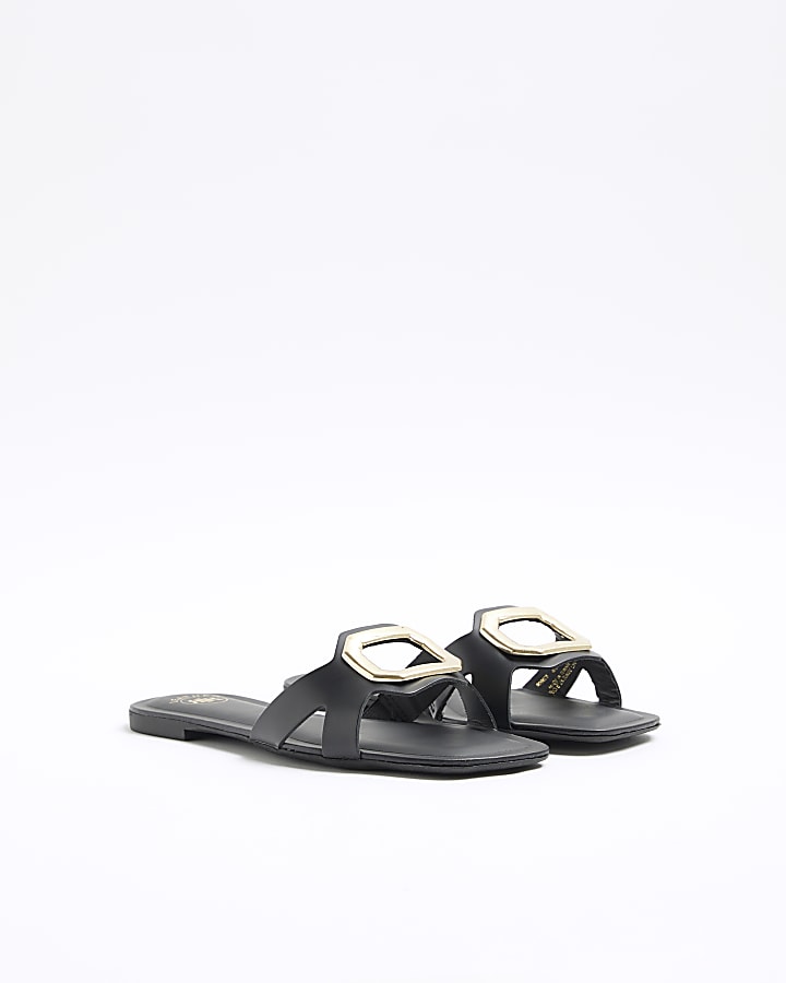 Black leather mule flat sandals