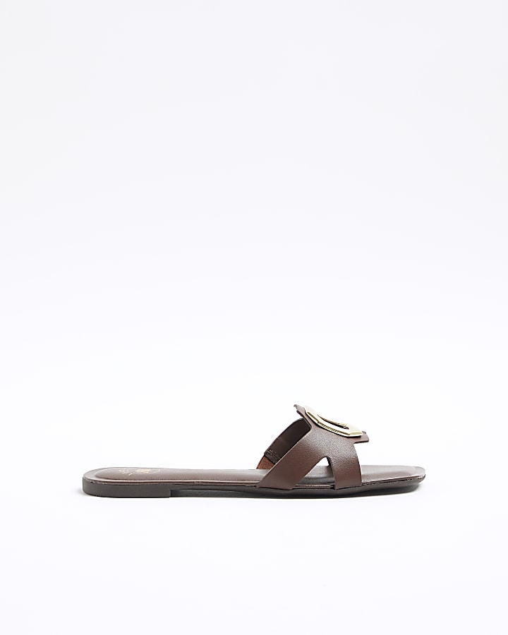 Brown leather mule flat sandals