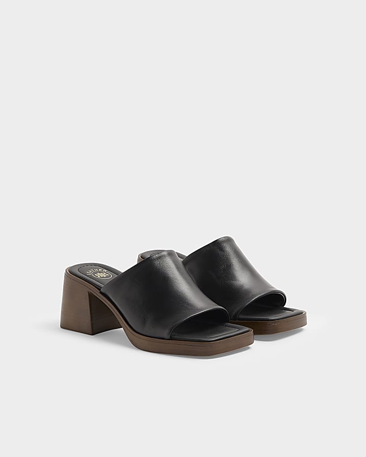 Black Leather Heeled Mule Sandals