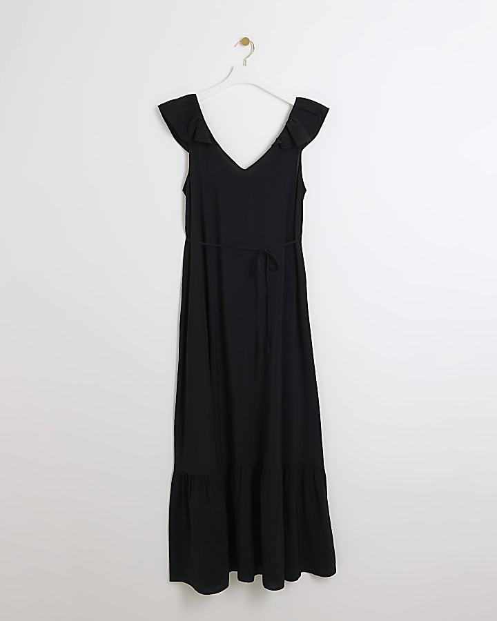 Black belted frill sleeve shift maxi dress