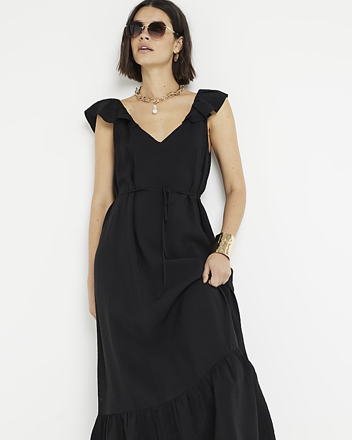 Black belted frill sleeve shift maxi dress