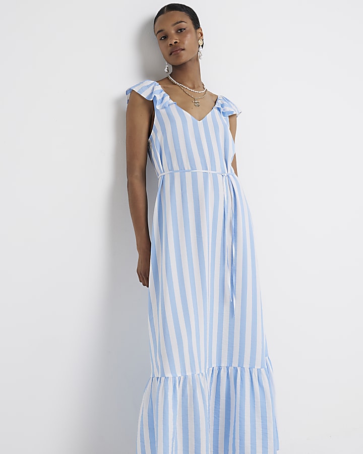 Blue stripe belted swing maxi dress