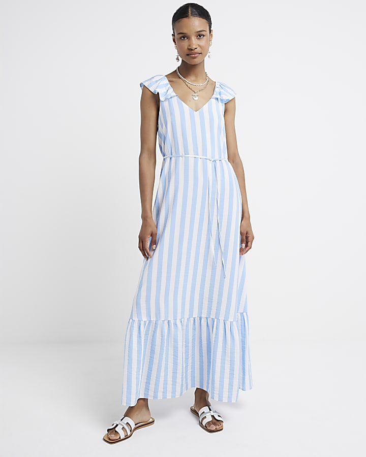 Blue stripe belted swing maxi dress