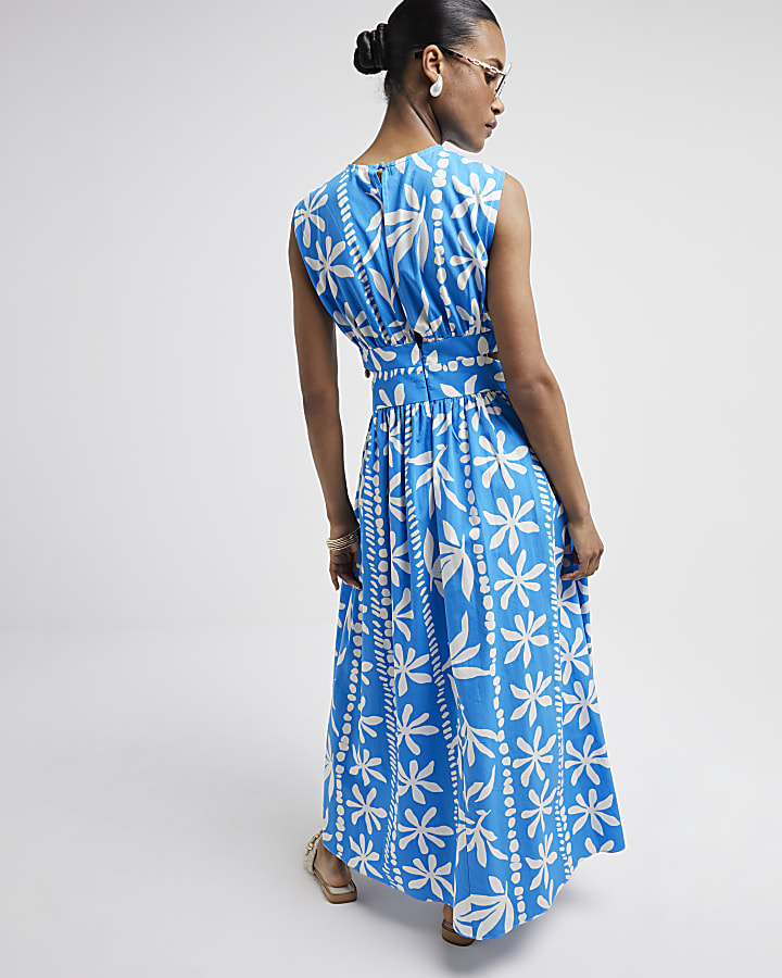 Blue floral cut out swing maxi dress