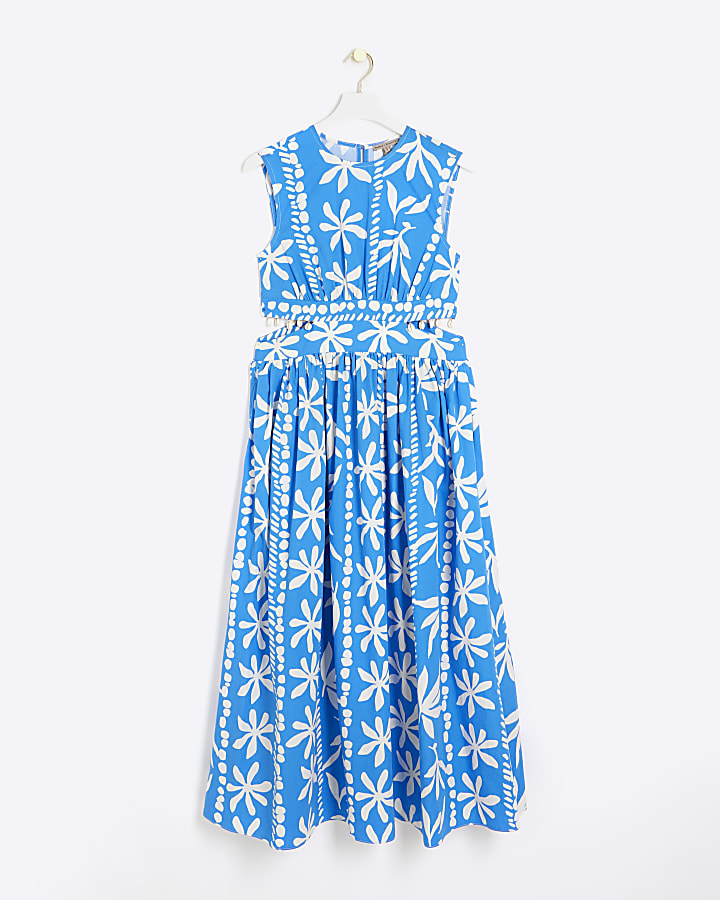 Blue floral cut out swing maxi dress