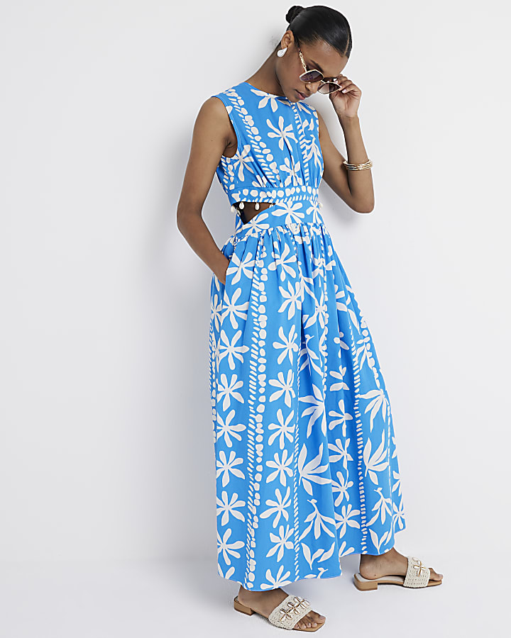 Blue floral cut out swing maxi dress