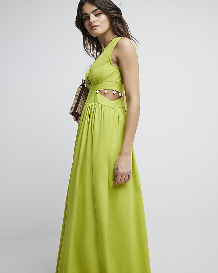 Green cut out shell trim swing maxi dress