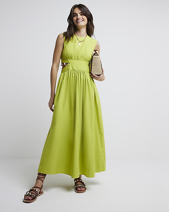 Green cut out shell trim swing maxi dress