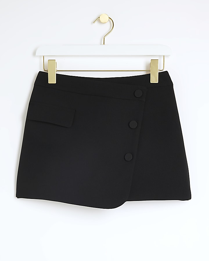 Black tailored wrap mini skort