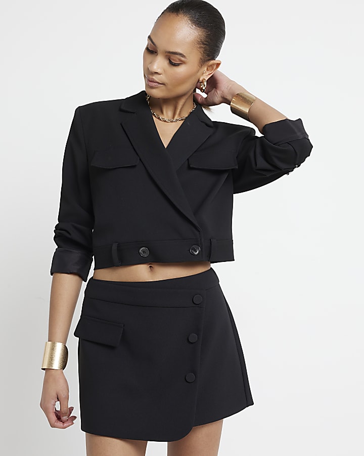 Black tailored wrap mini skort