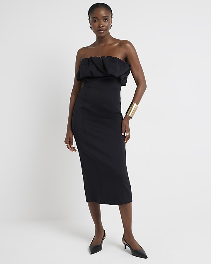 Black bandeau bodycon midi dress