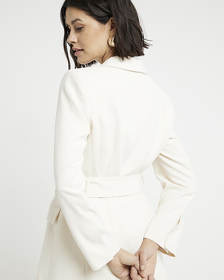Cream belted longline wrap blazer