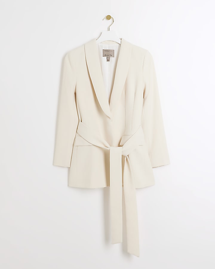 Cream belted longline wrap blazer