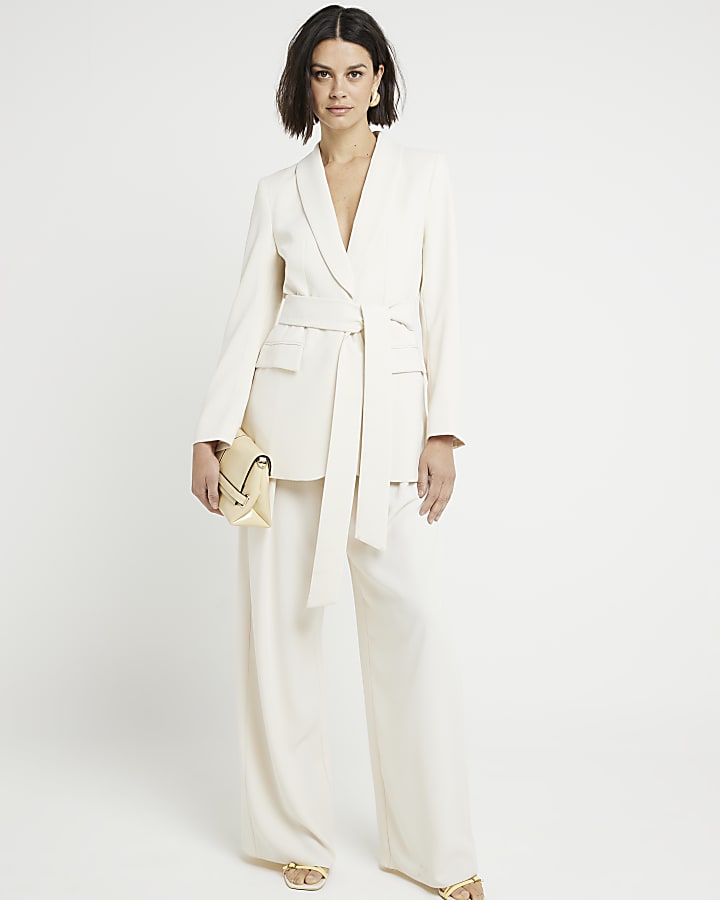 Cream belted longline wrap blazer River Island