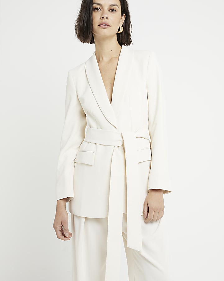 Cream belted longline wrap blazer